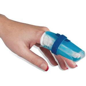 Hand wearing a blue finger cast with a white bandage on a white background - okotoks hc pharmacy