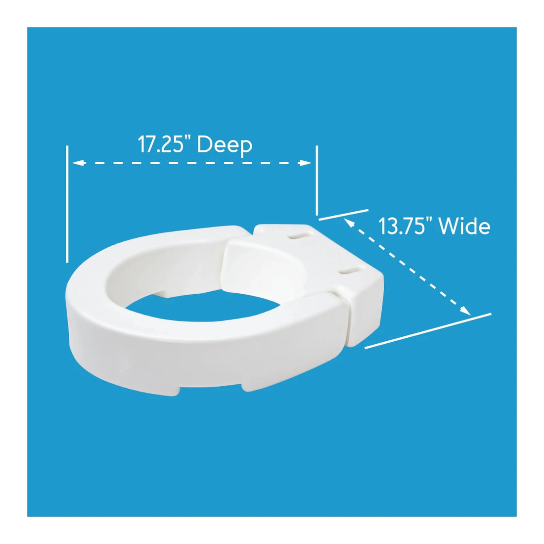 White toilet seat with measurements on a blue background - okotoks hc pharmacy