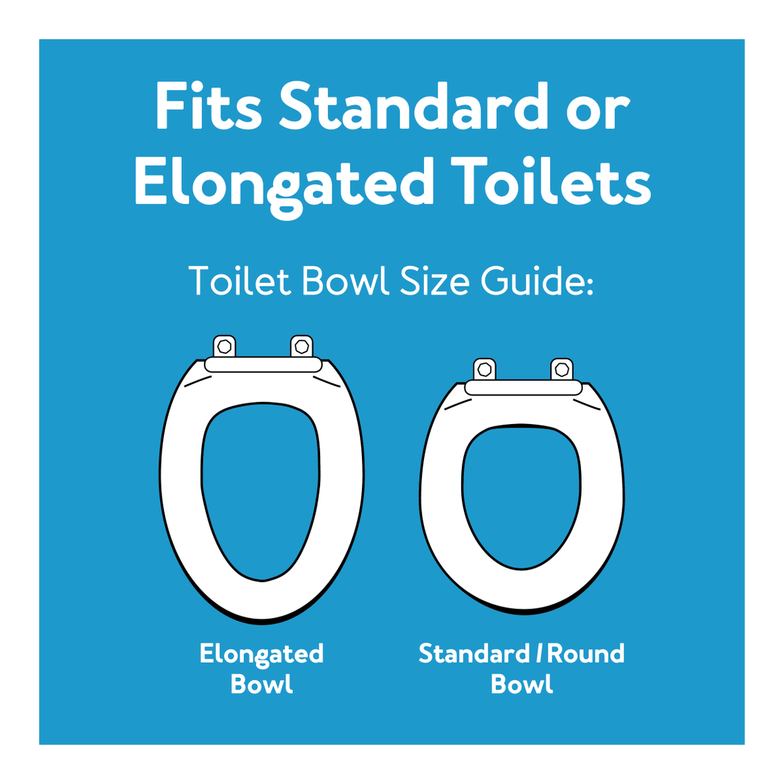 Toilet bowl size guide with 'Elongated Bowl' and 'Standard/Round Bowl' illustrations on a blue background. - okotoks hc pharmacy