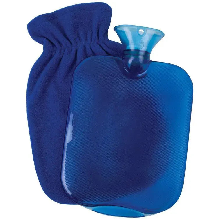 Blue hot water bottle with cover on a white background - okotoks hc pharmacy