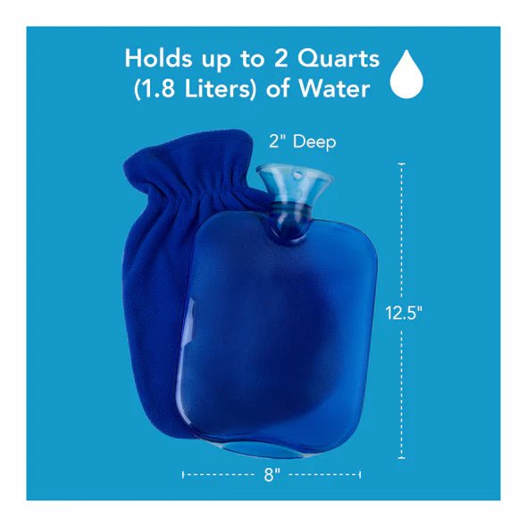 Blue hot water bottle with measurement details on a blue background - okotoks hc pharmacy