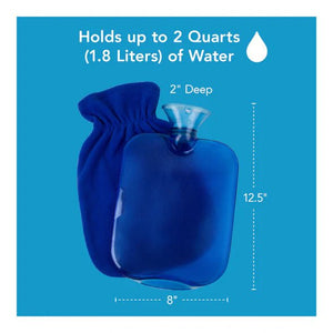 Blue hot water bottle with measurement details on a blue background - okotoks hc pharmacy