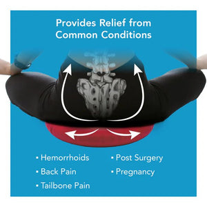 Person using a donut-shaped product with text about relief from common conditions on a blue background - okotoks hc pharmacy