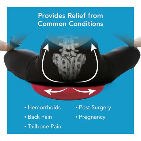 Person using a donut-shaped product with text about relief from common conditions on a blue background - okotoks hc pharmacy