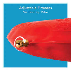 Red inflatable product with a gold valve on a blue background, labeled 'Adjustable Firmness Via Twist Top Valve'. - okotoks hc pharmacy