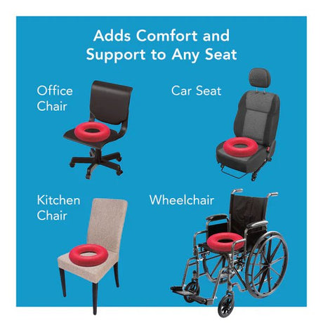 Red cushion on various chairs with text about comfort and support on a blue background - okotoks hc pharmacy