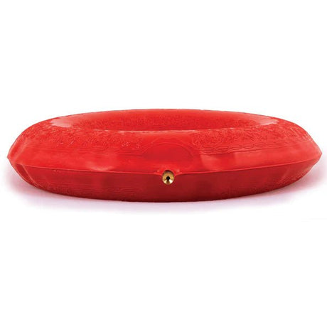 Red oval-shaped object with a gold clasp on a white background - okotoks hc pharmacy