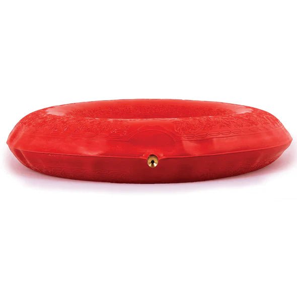 Red oval-shaped object with a gold clasp on a white background - okotoks hc pharmacy