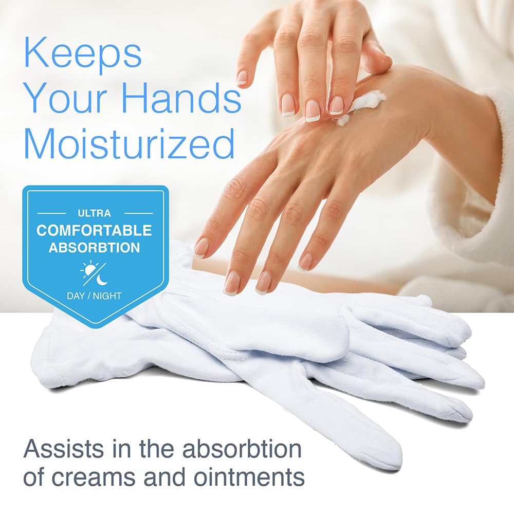 White gloves with text about moisturizing hands and absorbing creams and ointments. - okotoks hc pharmacy