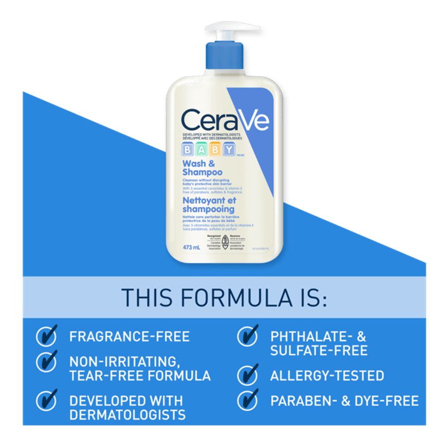 CeraVe wash and shampoo bottle with product features on a blue and white background - okotoks hc pharmacy