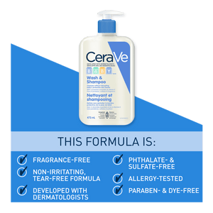 CeraVe wash and shampoo bottle with product features on a blue and white background - okotoks hc pharmacy