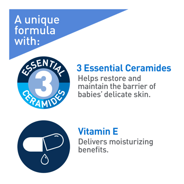 Product label with 'Essential 3 Ceramides' and 'Vitamin E' for baby skin care. - okotoks hc pharmacy