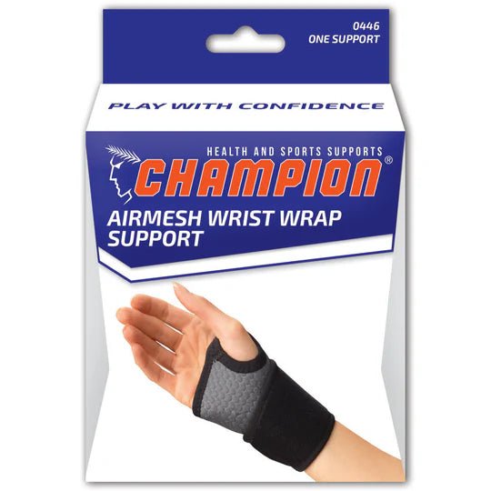 Champion Airmesh Wrist Wrap Support packaging with a hand - okotoks hc pharmacy