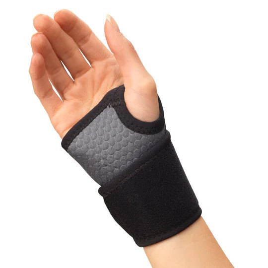 Black wrist support brace on a white background - okotoks hc pharmacy