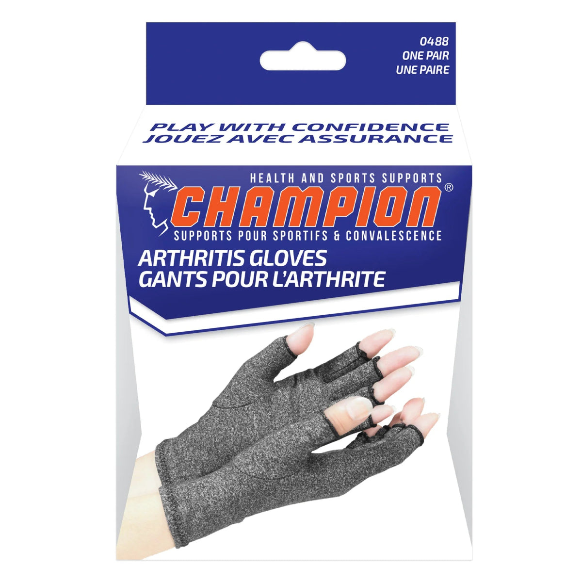 Champion arthritis gloves packaging with a pair of gloves displayed in front. - okotoks hc pharmacy