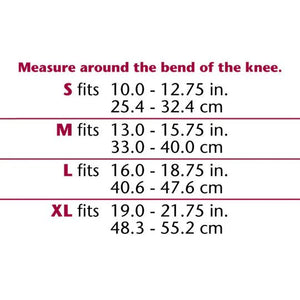 Measurement chart for knee circumference with size options and corresponding measurements. - Okotoks HC Pharmacy