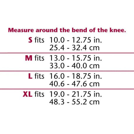 Measurement chart for knee circumference with size options and corresponding measurements. - Okotoks HC Pharmacy