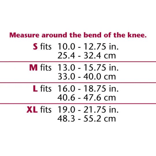 Measurement chart for knee circumference with size options and corresponding measurements. - Okotoks HC Pharmacy