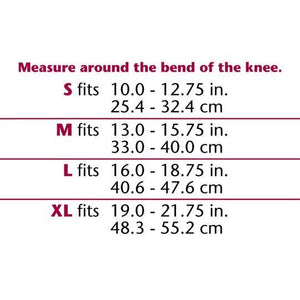 Measurement chart for knee circumference with size options and corresponding measurements. - okotoks hc pharmacy