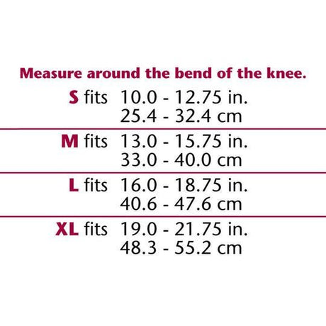 Measurement chart for knee circumference with size options and corresponding measurements. - okotoks hc pharmacy
