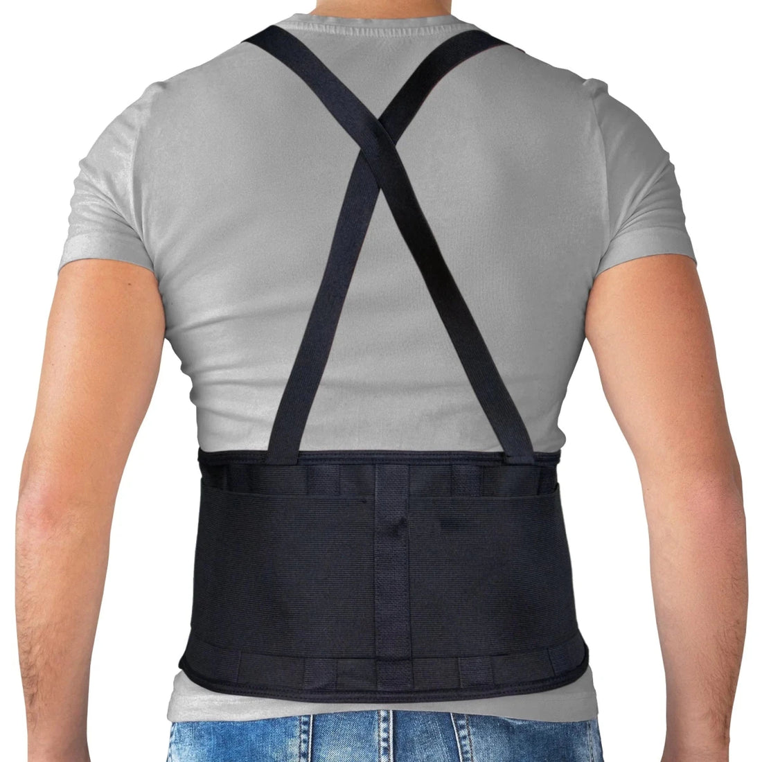 Person wearing a black back brace over a gray shirt on a white background - okotoks hc pharmacy
