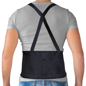 Person wearing a black back brace over a gray shirt on a white background - okotoks hc pharmacy