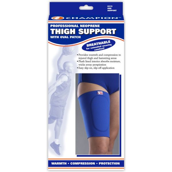 Champion Professional Neoprene Thigh Support with Oval Patch in blue, shown in its retail packaging against a white background. - okotoks hc pharmacy