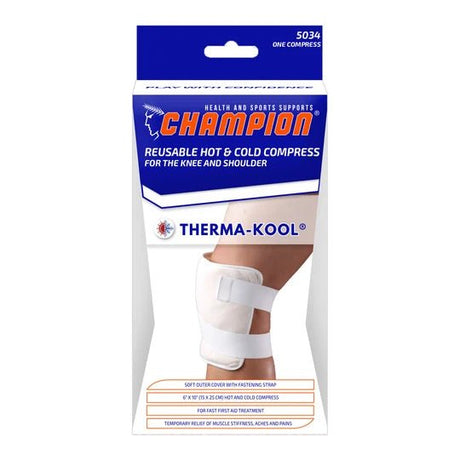 Champion Therma-Kool reusable hot and cold compress for the knee and shoulder in its original retail packaging, featuring a blue and white box with an illustration of the white compression wrap on a leg. - okotoks hc pharmacy