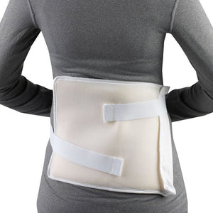 A back support brace with white straps and a beige foam insert, shown worn on a person's lower back against a white background. - okotoks hc pharmacy