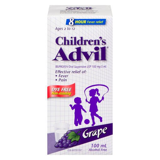 Children's Advil packaging for grape-flavored fever relief on a white background - Okotoks HC Pharmacy