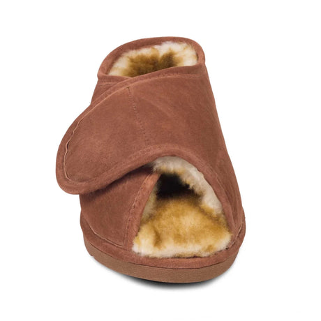 Brown suede slipper with fur lining on a white background - okotoks hc pharmacy