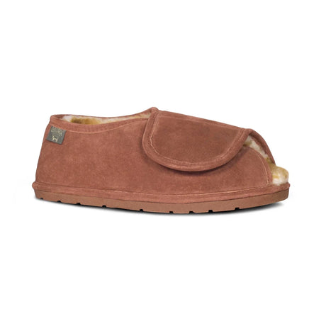 Brown slipper with fur lining on a white background - okotoks hc pharmacy