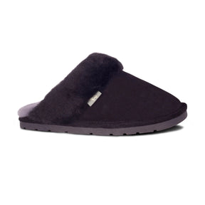 Black slipper with fur trim on a white background - okotoks hc pharmacy