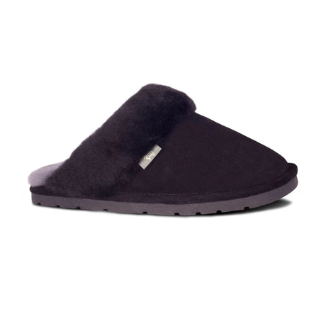 Black slipper with fur trim on a white background - okotoks hc pharmacy