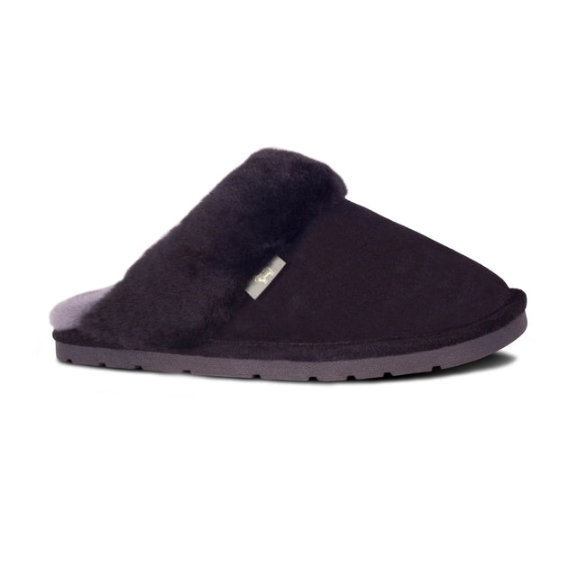 Black slipper with fur trim on a white background - okotoks hc pharmacy