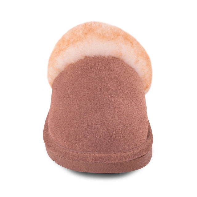 Brown slipper with tan fur lining on a white background - okotoks hc pharmacy