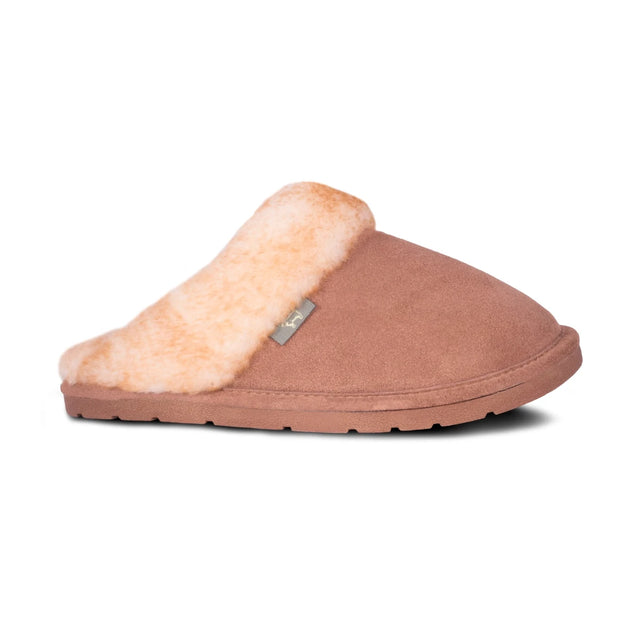 Brown slipper with beige fur lining on a white background - okotoks hc pharmacy