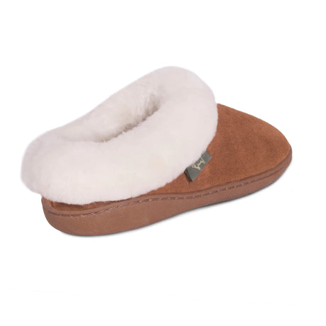 Brown slipper with white fur lining on a white background - okotoks hc pharmacy