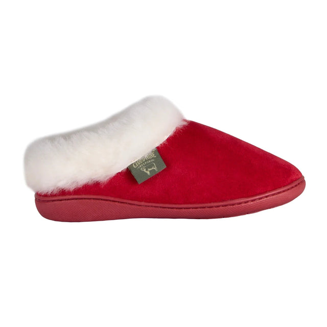 Red slipper with white fur lining on a white background - okotoks hc pharmacy