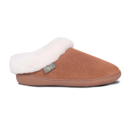 Brown slipper with white fur lining on a white background - okotoks hc pharmacy