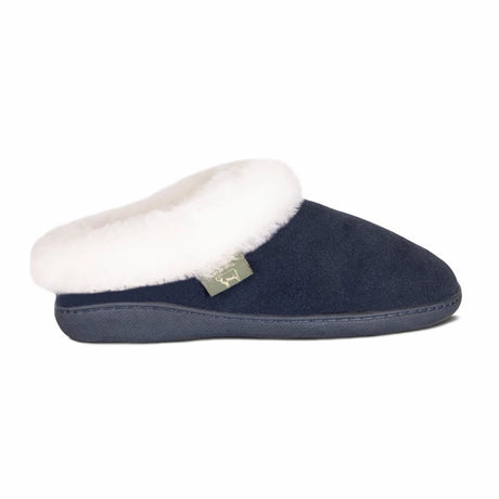 Navy slipper with white fur lining on a white background - okotoks hc pharmacy