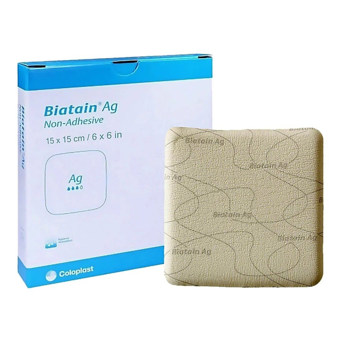 Biatain Ag non-adhesive dressing packaging and dressing on a white background - okotoks hc pharmacy