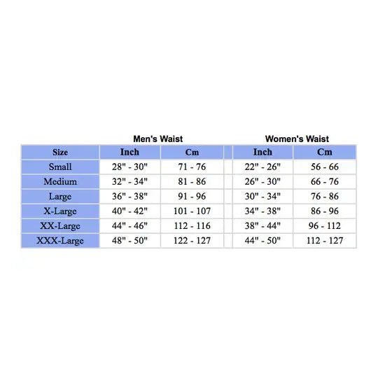 Waist size chart for men and women on a white background - okotoks hc pharmacy