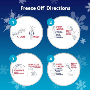 Step-by-step directions for using a product labeled 'Freeze Off' on a blue background with snowflake graphics. - okotoks hc pharmacy