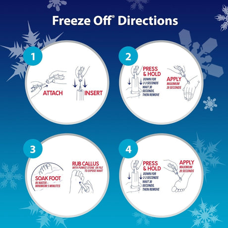 Step-by-step directions for using a product labeled 'Freeze Off' on a blue background with snowflake graphics. - okotoks hc pharmacy