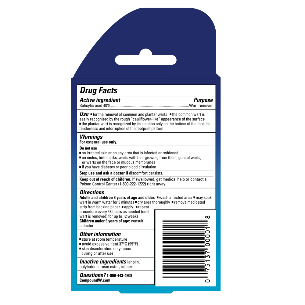 Drug facts label on a blue backing with text and a barcode. - okotoks hc pharmacy