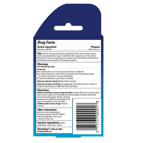 Drug facts label on a blue backing with text and a barcode. - okotoks hc pharmacy