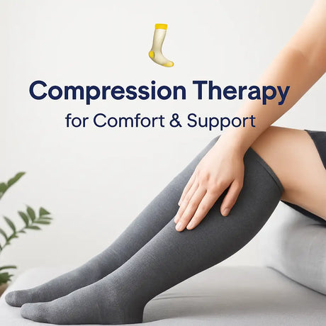 Person wearing gray compression socks with text 'Compression Therapy for Comfort & Support' on a light background.