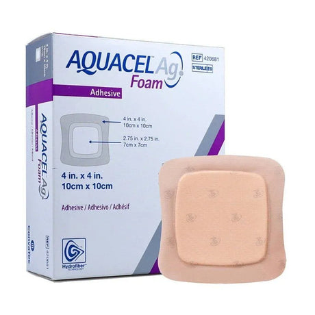 Aquacel Ag foam adhesive packaging with a sample pad on a white background - okotoks hc pharmacy