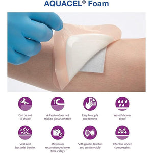 Aquacel foam being applied to a wound with a gloved hand, featuring product benefits. - okotoks hc pharmacy